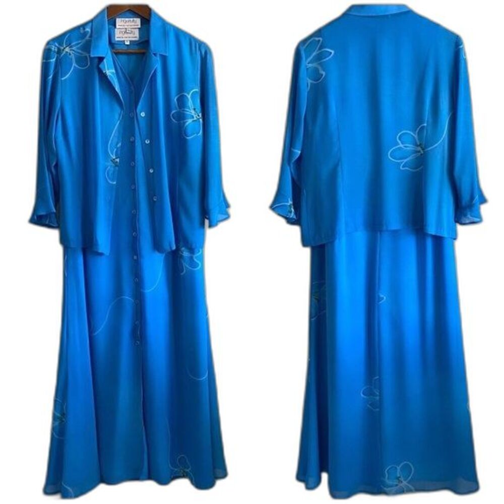 Ingenuity Women's Blue Chiffon Button Down Floral Dress & Jacket Set Size 10
